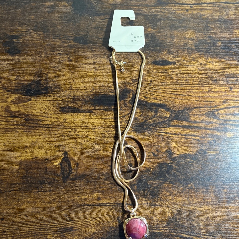 a new day Gold Long Necklace with Pink Pendant